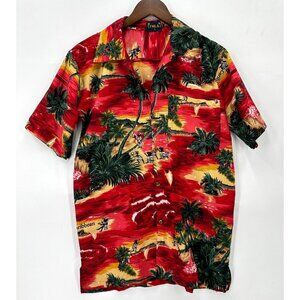 YMLA Shirt Mens Button Down Short Sleeve Hawaiian Caribbean Palms Red Green S